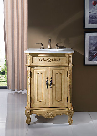 This 24-inch single sink bathroom vanity set is handcrafted with detailed carving and an antiqued hand-painted finish. The expert workmanship of the vanity is evident in the detailed etchings from top to bottom. Featuring a single porcelain sink and marble countertop with a modest storage area underneath and cabriole legs, this vanity is the perfect small space solution with an elegant touch.Handcrafted | Made of solid wood, engineered wood, marble and porcelain | Hand-painted finish | Marble countertop | Single porcelain sink | Double-door cabinet | Pre-drilled faucet holes; faucet not included | Cutout back panel for plumbing installation | No assembly required