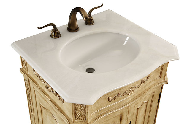 This 24-inch single sink bathroom vanity set is handcrafted with detailed carving and an antiqued hand-painted finish. The expert workmanship of the vanity is evident in the detailed etchings from top to bottom. Featuring a single porcelain sink and marble countertop with a modest storage area underneath and cabriole legs, this vanity is the perfect small space solution with an elegant touch.Handcrafted | Made of solid wood, engineered wood, marble and porcelain | Hand-painted finish | Marble countertop | Single porcelain sink | Double-door cabinet | Pre-drilled faucet holes; faucet not included | Cutout back panel for plumbing installation | No assembly required