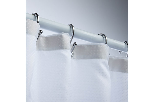 Great on its own or when protecting a decorative shower curtain, this fabric liner keeps water in the shower and off of the floor. Grommets are rust proof metal and the liner is mildew resistant. Weighted Full size of shower liner is 70"L x 72"W.Mildew-resistant | Sturdy rust-resistant metal grommets | Weighted hem