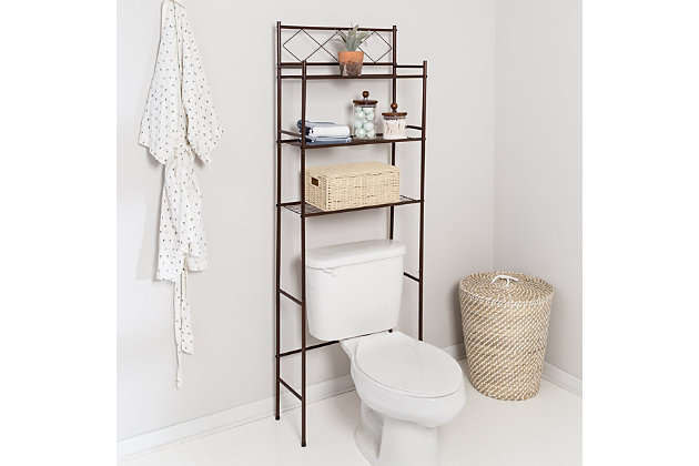 This 3-Tier Over-The-Toilet Shelving Unit is perfect for small bathrooms to help you stay organized with bath towels, washcloths and other small accessories. Its oil-rubbed bronze finish takes your bathroom aesthetic up a notch and its durable metal will withstand the test of time.Provides vertical bathroom storage while maximizing space | 3 shelves for towels, washcloths and other bathroom essentials | Luxurious oil rubbed bronze finish | Sturdy steel frame with adjustable bottom bar and anti-tipping hardware
