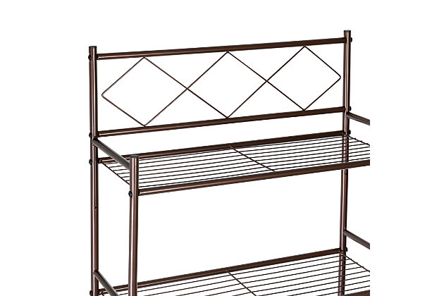 This 3-Tier Over-The-Toilet Shelving Unit is perfect for small bathrooms to help you stay organized with bath towels, washcloths and other small accessories. Its oil-rubbed bronze finish takes your bathroom aesthetic up a notch and its durable metal will withstand the test of time.Provides vertical bathroom storage while maximizing space | 3 shelves for towels, washcloths and other bathroom essentials | Luxurious oil rubbed bronze finish | Sturdy steel frame with adjustable bottom bar and anti-tipping hardware