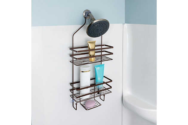 This luxurious hanging shower caddy not only gets all your shower essentials up off the ground and organized neatly at eye level, but its oil-rubbed bronze finish takes your shower aesthetic to another level. It has baskets, hooks and a soap tray that provide plenty of space for all your shower accessories and it securely fits standard shower heads and has suction cups to keep it firmly in place.Organize your shower with this hanging shower caddy | Offers 2 tiers, 2 hooks and 1 soap tray for storage | Securely fits standard shower heads | Luxurious and rust-resistant oil-rubbed bronze finish