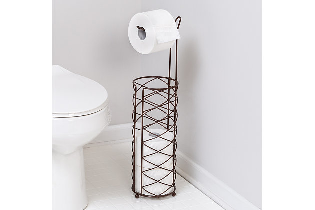 Up your design aesthetic in your bathroom with this freestanding toilet paper holder in oil-rubbed bronze. Perfect for small bathrooms with its free-standing design, it holds the tissue paper roll in use as well as up to three rolls in reserve and its steel construction is sure to stand the test of time.Conveniently stores up to 3 toilet paper rolls in reserve plus one in use | Free-standing design is ideal for compact spaces | Luxurious oil rubbed bronze finish | Durable steel construction