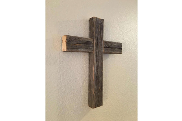 This rustic cross is made from reclaimed wood for a farmhouse fresh appeal that will transform the look and feel of your home. Perfect as a housewarming or new baby gift, too.This cross measures at 12" x 15" x 2" this piece was handcrafted in the usa for greater quality. Because it's made from reclaimed wood, it may cause splinters and have nail holes in it. | It comes with all the necessary hardware to mount it so that you can immediately hang. | Environmentally friendly | Rustic relic design. | Made in usa from 100% recycled and reclaimed wood. Our products were once trees. Every imperfection is part of the story. Each product is handmade by our designers from reclaimed wood and will have unique character with possible holes and splinters. These imperfections give you a one-of-a-kind handmade piece.