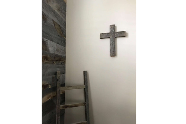 This rustic cross is made from reclaimed wood for a farmhouse fresh appeal that will transform the look and feel of your home. Perfect as a housewarming or new baby gift, too.This cross measures at 12" x 15" x 2" this piece was handcrafted in the usa for greater quality. Because it's made from reclaimed wood, it may cause splinters and have nail holes in it. | It comes with all the necessary hardware to mount it so that you can immediately hang. | Environmentally friendly | Rustic relic design. | Made in usa from 100% recycled and reclaimed wood. Our products were once trees. Every imperfection is part of the story. Each product is handmade by our designers from reclaimed wood and will have unique character with possible small holes and splinters. These imperfections give you a one-of-a-kind handmade piece.