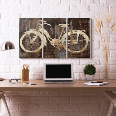 Black Tan And Blue Distressed Bicycle Silhouette Triptych 3pc Set 16x24 Canvas Wall Art, Multi, rollover