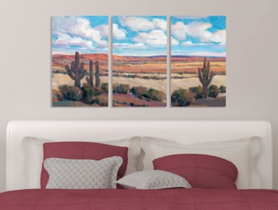 Painterly Desert Heat Scene With Cactus And Clouds Triptych 3pc 16x24 Canvas Wall Art, Multi, rollover