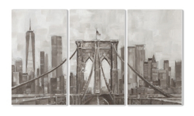 Neutral Gray Tan Panoramic View Of New York City Triptych 3pc 11x17 Canvas Wall Art, Multi, large