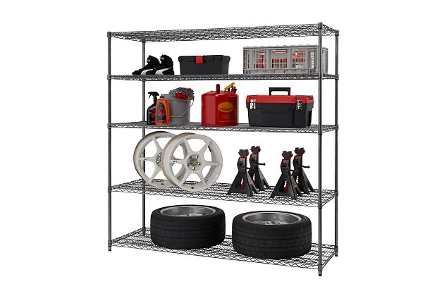 This heavy duty five-tier wire shelving rack is perfect for any garage, workshop, industrial or outdoor environment. With a 1,000-pound weight capacity per shelf on feet levelers, this industrial-grade shelving can hold your work equipment, tools and everything in between. Assembly requires no tools and uses a slip-sleeve locking system, which allows shelves to be adjusted in one-inch increments.Made of metal | NSF certified for indoor/outdoor use | Textured duo-toned finish with corrosion resistance | 5 Industrial-grade adjustable shelves | Weight capacity on feet levelers (evenly distributed) 1,000 lbs. per shelf, 5,000 lbs. total | Easy assembly (no tools required)