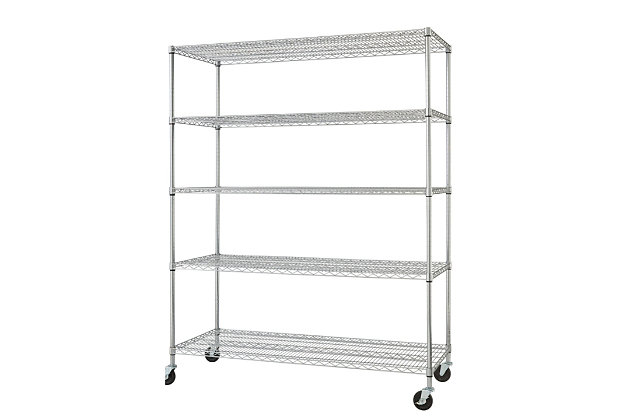 This five-tier wire shelving rack is perfect for business, home, garage or kitchen use. With a 450-pound weight capacity per shelf on feet levelers, it can hold your large, heavy boxes, big items and everything in between. Assembly requires no tools and uses a slip-sleeve locking system, allowing shelves to be adjusted in 1-inch increments.Made of metal with chrome-tone finish | 5 adjustable shelves | Weight capacity on feet levelers (evenly distributed) 450 lbs. per shelf, 2,250 lbs. total | Weight capacity on wheels (evenly distributed) 120 lbs. per shelf, 600 lbs. total | Casters with swivel wheels (2 locking; 2 non-locking) | NSF certified | Easy assembly (no tools required)
