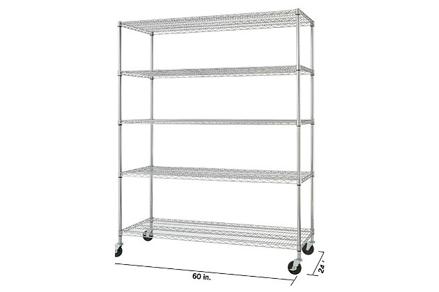 This five-tier wire shelving rack is perfect for business, home, garage or kitchen use. With a 450-pound weight capacity per shelf on feet levelers, it can hold your large, heavy boxes, big items and everything in between. Assembly requires no tools and uses a slip-sleeve locking system, allowing shelves to be adjusted in 1-inch increments.Made of metal with chrome-tone finish | 5 adjustable shelves | Weight capacity on feet levelers (evenly distributed) 450 lbs. per shelf, 2,250 lbs. total | Weight capacity on wheels (evenly distributed) 120 lbs. per shelf, 600 lbs. total | Casters with swivel wheels (2 locking; 2 non-locking) | NSF certified | Easy assembly (no tools required)