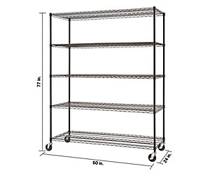 This five-tier wire shelving rack is perfect for business, home, garage or kitchen use. With a 450-pound weight capacity per shelf on feet levelers, it can hold your large, heavy boxes, big items and everything in between. Assembly requires no tools and uses a slip-sleeve locking system, allowing shelves to be adjusted in 1-inch increments.Made of metal with black powdercoat finish | 5 adjustable shelves | Weight capacity on feet levelers (evenly distributed) 450 lbs. per shelf, 2,250 lbs. total | Weight capacity on wheels (evenly distributed) 120 lbs. per shelf, 600 lbs. total | Casters with swivel wheels (2 locking; 2 non-locking) | NSF certified | Easy assembly (no tools required)