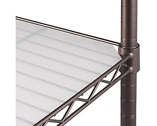 This four-tier wire shelving rack is perfect for kitchen or home use. With a 350-pound weight capacity per shelf on feet levelers, it can hold any of your books, kitchenware or household items. Assembly requires no tools and uses a slip-sleeve locking system, allowing personal configuration. Includes shelf liners to prevent smaller items from falling through the shelves.Made of metal with dark bronze-tone powdercoat finish | 4 adjustable shelves | Weight capacity (evenly distributed) 350 lbs. per shelf, 1,400 lbs. total | 4 pre-cut shelf liners | NSF certified | Easy assembly (no tools required)