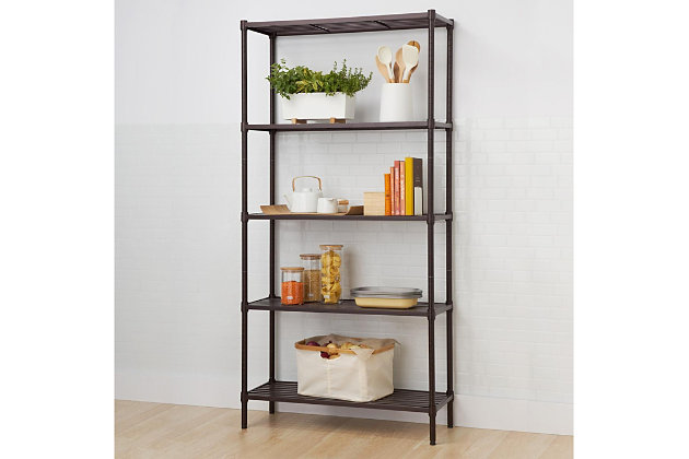 This five-tier slat shelving rack is perfect for kitchen or home use. With a 350-pound capacity per shelf on feet levelers, it can hold your kitchenware or household items. Its design provides a greater shelf surface area, ensuring better ease of storage for small items. Assembly requires no tools and uses a slip-sleeve locking system, which allows shelves to be adjusted in 1-inch increments.Made of metal with dark bronze-tone powdercoat finish | 5 adjustable shelves | Weight capacity (evenly distributed) 350 lbs. per shelf, 1,750 lbs. total | Easy assembly (no tools required)