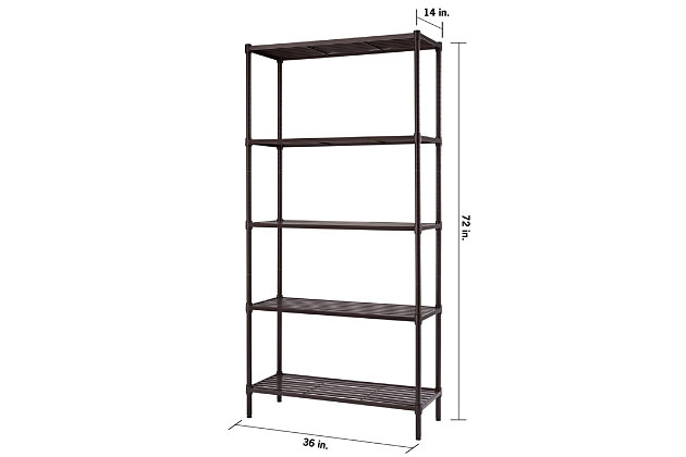 This five-tier slat shelving rack is perfect for kitchen or home use. With a 350-pound capacity per shelf on feet levelers, it can hold your kitchenware or household items. Its design provides a greater shelf surface area, ensuring better ease of storage for small items. Assembly requires no tools and uses a slip-sleeve locking system, which allows shelves to be adjusted in 1-inch increments.Made of metal with dark bronze-tone powdercoat finish | 5 adjustable shelves | Weight capacity (evenly distributed) 350 lbs. per shelf, 1,750 lbs. total | Easy assembly (no tools required)