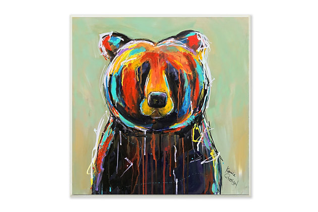 Bright painterly strokes show the hand of the artist in this playful portrait of a bear.  Proudly made in the USA, all of our wall plaques start off as high quality lithograph prints that are then mounted on durable MDF wood. Each piece is hand finished and comes with a fresh layer of foil on the sides to give it a crisp clean look. It arrives ready to hang with no installation required, and comes with sturdy clear corners to keep it from damaging in transit.Ready To Hang | Proudly Made In USA | Design By Karrie Evenson