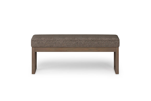 Update your living space with the Milltown Ottoman Bench. Its clean modern style will add a fresh look to your space. Made with durable, high quality Mink Brown Tweed Fabric for a luxurious feel. This sleek ottoman features a narrow profile which is ideal for an entryway or at the end of a bed and is available in two sizes, making it suitable for just about any room in your home.; Efforts are made to reproduce accurate colors, variations in color may occur due to computer monitor and photography; At Simpli Home we believe in creating excellent, high quality products made from the finest materials at an affordable price. Every one of our products come with a 1-year warranty and easy returns if you are not satisfiedDIMENSIONS:  14.4" D x 44.1" W x 18.3" H; Constructed using solid wood, plywood, foam | Upholstered with Mink Brown Tweed Fabric | Versatile design; Simple assembly; just attach legs | Solid wood framed driftwood color ottoman base and legs; Multi-Functional can be used in living room, family room, entryway or bedroom