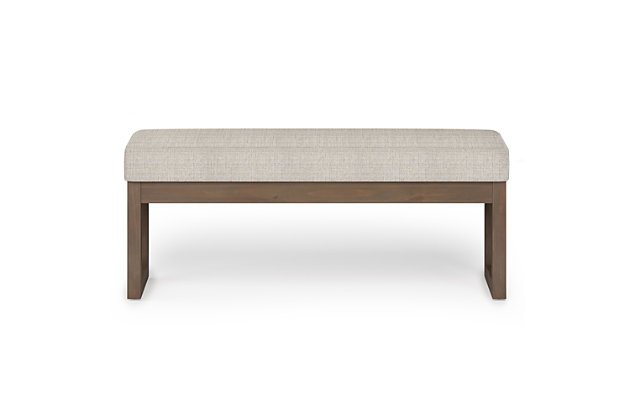 Update your living space with the Milltown Ottoman Bench. Its clean modern style will add a fresh look to your space. Made with durable, high quality Platinum Woven Fabric for a luxurious feel. This sleek ottoman features a narrow profile which is ideal for an entryway or at the end of a bed and is available in two sizes, making it suitable for just about any room in your home.; Efforts are made to reproduce accurate colors, variations in color may occur due to computer monitor and photography; At Simpli Home we believe in creating excellent, high quality products made from the finest materials at an affordable price. Every one of our products come with a 1-year warranty and easy returns if you are not satisfiedDIMENSIONS:  14.4" D x 44.1" W x 18.3" H; Constructed using solid wood, plywood, foam | Upholstered with Platinum Woven Fabric | Versatile design; Simple assembly; just attach legs | Solid wood framed driftwood color ottoman base and legs; Multi-Functional can be used in living room, family room, entryway or bedroom
