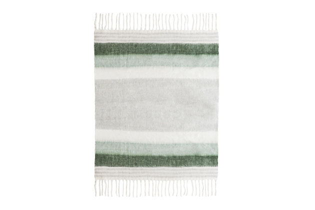 Give your favorite spot in your home an inviting look with the luxuriously soft Afrino throw. Subtle greens and soft grays are easy on the eyes. Wrap this stri tasseled throw around your shoulders for extra warmth, or add it to your favorite furniture to create a stylish and inviting new look.Made of acrylic/polyester/wool | Soft texture | Tassel details | Imported