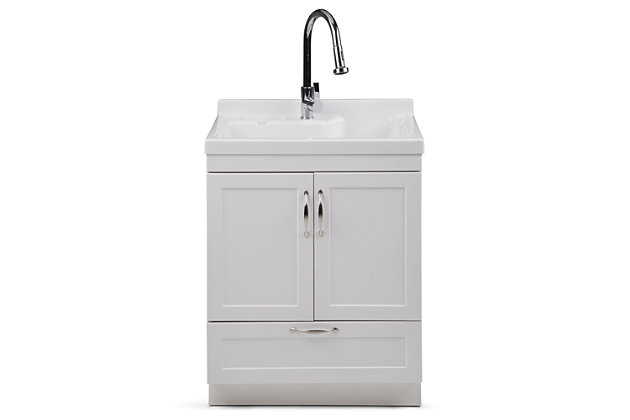 Upgrade your laundry room with the Maile 28 inch Laundry Cabinet. The laundry cabinet includes a single lever high-arc faucet and extra deep ABS sink. The Shaker-style doors and drawer open to reveal ample storage space. Efforts are made to reproduce accurate colors, variations in color may occur due to computer monitor and photography. At Simpli Home we believe in creating excellent, high quality products made from the finest materials at an affordable price.Pure White cabinet constructed using PB and MDF; Extra deep durable Pure White ABS sink | High arch single lever faucet with articulated, moving neck and on and off spray | Two (2) doors and one (1) bottom drawer with brushed nickel hardware open to plenty of storage; Dimensions: 27.6" W 34.3" H x 18.9" D | Plumbing parts included; Sink Depth: 10 inches
