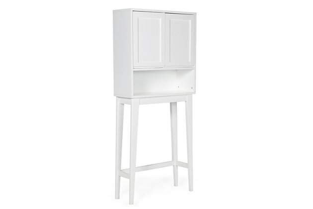 Utilize every square inch of floor space in your bathroom with the Draper Space Saver Cabinet designed to fit around and above your toilet, this handy space-saving with two doors and a large open shelf gives you the extra room you need to store supplies, hand towels and much more. Efforts are made to reproduce accurate colors, variations in color may occur due to computer monitor and photography. At Simpli Home we believe in creating excellent, high quality products made from the finest materials at an affordable price.DIMENSIONS: 9.84" d x 27.56" w x 62" h | Constructed using solid Acacia, Rubber wood and Engineered Wood | Durable white painted finish sealed with a premium NC lacquer coating | Two (2)  doors with adjustable interior shelf and one (1) large open bottom shelf. | Recessed door pulls | Mounting hardware included | Mid Century styling | We believe in creating excellent, high quality products made from the finest materials at an affordable price. Every one of our products come with a 1-year warranty and easy returns if you are not satisfied.