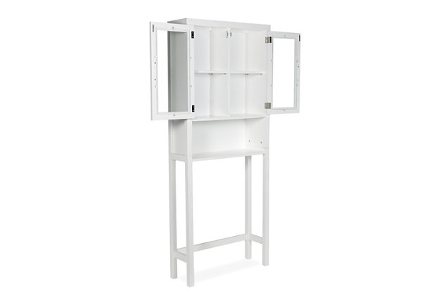 Utilize every square inch of floor space in your bathroom with the Gatsby Space Saver Cabinet designed to fit around and above your toilet, this handy space-saving with two doors and a large open shelf gives you the extra room you need to store supplies, hand towels and much more. Efforts are made to reproduce accurate colors, variations in color may occur due to computer monitor and photography. At Simpli Home we believe in creating excellent, high quality products made from the finest materials at an affordable price.DIMENSIONS: 9" d x 26.75" w x 67" h | Constructed using solid Acacia, Engineered Wood and Tempered Glass | Durable white painted finish sealed with a premium NC lacquer coating | Two (2) tempered glass doors with  adjustable interior shelf and one (1) open bottom shelf. Brushed nickel hardware | Framed detail on side panels | Mounting hardware included | Contemporary styling | We believe in creating excellent, high quality products made from the finest materials at an affordable price. Every one of our products come with a 1-year warranty and easy returns if you are not satisfied.