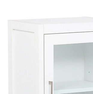 Save space and add storage to the room with the Gatsby Single Door Wall Cabinet. This cabinet fits perfectly in a small space to add additional storage, and it features one door opening to an adjustable shelf and a spacious bottom drawer to keep your room free of clutter. Great in a small bathroom or powder room. Efforts are made to reproduce accurate colors, variations in color may occur due to computer monitor and photography. At Simpli Home we believe in creating excellent, high quality products made from the finest materials at an affordable price.DIMENSIONS: 9.84" D x 16.14" W x 27.95" H | Constructed using solid Acacia, Engineered Wood and Tempered Glass | Durable white painted finish sealed with a premium NC lacquer coating | One tempered glass door with adjustable interior shelf and one bottom drawer. Brushed nickel hardware | Mounting hardware included | Contemporary styling | Assemby Required | We believe in creating excellent, high quality products made from the finest materials at an affordable price. Every one of our products come with a 1-year warranty and easy returns if you are not satisfied.