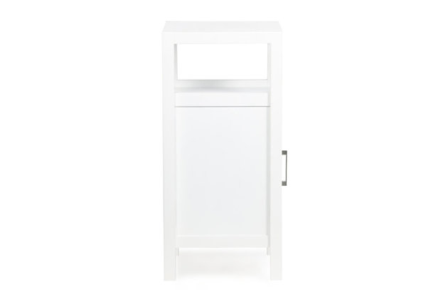 Have a little unused spot in your bathroom? This compact floor storage cabinet would be perfect! One interior shelf behind a tempered glass door and an open shelf provides storage space for towels, toiletries or paper supplies. This beautiful cabinet offers a surprising amount of storage for such a small footprint. Efforts are made to reproduce accurate colors, variations in color may occur due to computer monitor and photography. At Simpli Home we believe in creating excellent, high quality products made from the finest materials at an affordable price.DIMENSIONS: 14.17" D x 15" W x 29.9" H | Constructed using solid Acacia, Engineered Wood and Tempered Glass | Durable white painted finish sealed with a premium NC lacquer coating | One tempered glass door with adjustable interior shelf and one (1) open bottom shelf. Brushed nickel hardware | Framed detail on side panels | Contemporary styling | Assemby Required | We believe in creating excellent, high quality products made from the finest materials at an affordable price. Every one of our products come with a 1-year warranty and easy returns if you are not satisfied.