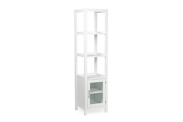 Create functional storage space in your bathroom with the stylish Gatsby Bath Storage Tower. The cabinet's slender design has a small footprint, making it ideal for small bathrooms or bathrooms without linen closets. Keep toiletries neatly tucked away behind the tempered glass door and bottom closed cabinet. The three open shelves are perfect for towels and displayable bathroom essentials. Efforts are made to reproduce accurate colors, variations in color may occur due to computer monitor and photography. At Simpli Home we believe in creating excellent, high quality products made from the finest materials at an affordable price.DIMENSIONS: 15.74" D x 15.74" W x 65" H | Constructed using solid Acacia, Engineered Wood and Tempered Glass | Durable white painted finish sealed with a premium NC lacquer coating | One tempered glass door with adjustable interior shelf and three open bottom shelves. Brushed nickel hardware | Tall enough to make an impact but narrow enough to fit into small spaces | Anti- tip hardware included | Assemby Required | We believe in creating excellent, high quality products made from the finest materials at an affordable price. Every one of our products come with a 1-year warranty and easy returns if you are not satisfied.