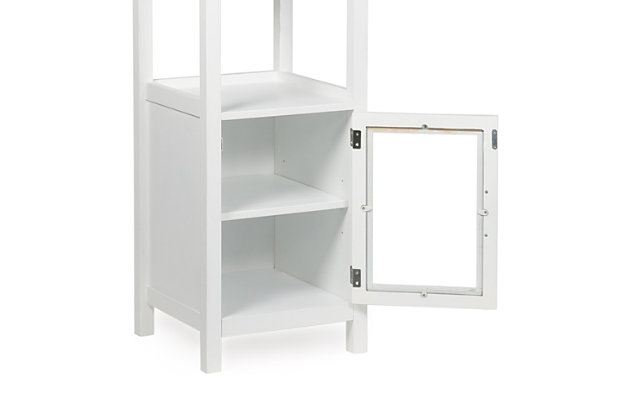 Create functional storage space in your bathroom with the stylish Gatsby Bath Storage Tower. The cabinet's slender design has a small footprint, making it ideal for small bathrooms or bathrooms without linen closets. Keep toiletries neatly tucked away behind the tempered glass door and bottom closed cabinet. The three open shelves are perfect for towels and displayable bathroom essentials. Efforts are made to reproduce accurate colors, variations in color may occur due to computer monitor and photography. At Simpli Home we believe in creating excellent, high quality products made from the finest materials at an affordable price.DIMENSIONS: 15.74" D x 15.74" W x 65" H | Constructed using solid Acacia, Engineered Wood and Tempered Glass | Durable white painted finish sealed with a premium NC lacquer coating | One tempered glass door with adjustable interior shelf and three open bottom shelves. Brushed nickel hardware | Tall enough to make an impact but narrow enough to fit into small spaces | Anti- tip hardware included | Assemby Required | We believe in creating excellent, high quality products made from the finest materials at an affordable price. Every one of our products come with a 1-year warranty and easy returns if you are not satisfied.