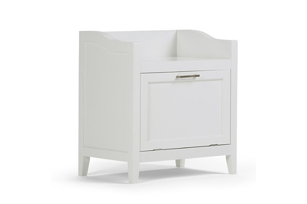 If you need a little spot to sit while drying or dressing, try this handy storage bench. The top can be used to stack extra towels and bath items while the hamper style cabinet is an ideal storage space for paper supplies and more. Efforts are made to reproduce accurate colors, variations in color may occur due to computer monitor and photography. At Simpli Home we believe in creating excellent, high quality products made from the finest materials at an affordable price.Constructed using high quality MDF, Rubberwood and Tempered Glass; Durable Pure White painted finish sealed with a premium NC lacquer coating | One pull open (1) door. Contemporary Brushed Nickel handles. Functional and versatile, can be used as a bench, laundry hamper or extra storage space | Shaker styled front and side panels with molded top detail, Rubber wood frame and legs; Dimensions: 21.73"w x 14.96" d x 24.21" H | Compact design at 24 x 22 inches; Contemporary styling