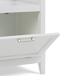 If you need a little spot to sit while drying or dressing, try this handy storage bench. The top can be used to stack extra towels and bath items while the hamper style cabinet is an ideal storage space for paper supplies and more. Efforts are made to reproduce accurate colors, variations in color may occur due to computer monitor and photography. At Simpli Home we believe in creating excellent, high quality products made from the finest materials at an affordable price.Constructed using high quality MDF, Rubberwood and Tempered Glass; Durable Pure White painted finish sealed with a premium NC lacquer coating | One pull open (1) door. Contemporary Brushed Nickel handles. Functional and versatile, can be used as a bench, laundry hamper or extra storage space | Shaker styled front and side panels with molded top detail, Rubber wood frame and legs; Dimensions: 21.73"w x 14.96" d x 24.21" H | Compact design at 24 x 22 inches; Contemporary styling
