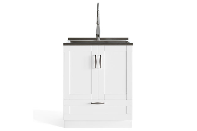 The Reed 28 inch Laundry Cabinet is the ultimate solution to all your laundry room storage needs. With its two Shaker-style doors and bottom drawer, the Reed helps you keep organized. The laundry cabinet includes a single lever high-arc faucet and deep welded stainless steel sink. Efforts are made to reproduce accurate colors, variations in color may occur due to computer monitor and  photography. At Simpli Home we believe in creating excellent, high quality products made from the finest materials at an affordable price.Pure White, Constructed using PB, MDF and Stainless Steel; Extra deep 20 gauge welded stainless steel sink | High arch single lever faucet with on and off spray | Plumbing parts included; Dimensions: 27.6" W 34.3" H x 18.9" D | Two (2) doors and one (1) bottom drawer open to plenty of storage; Brushed Nickel hardware