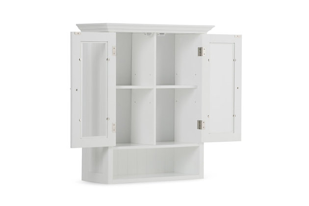 Keep all of your bathroom essentials neat and orderly with the Acadian Double Door Wall Cabinet. Two tempered glass doors help keep clutter out of sight, while an open shelf provides ample room for toiletries and other items. Adjustable shelving inside the cabinet allows you to customize the space to suit your needs. Its Pure White finish will easily coordinate with existing bathroom décor. Efforts are made to reproduce accurate colors, variations in color may occur due to computer monitor and  photography. At Simpli Home we believe in creating excellent, high quality products made from the finest materials at an affordable price.DIMENSIONS: 23.6"W x 10" D x 28" H | Constructed using Rubberwood, Engineered Wood and Tempered Glass | Durable Pure White painted finish sealed with a premium NC lacquer coating | Features two (2) doors with two (2) adjustable interior shelves and one (1) open bottom shelf. Brushed nickel hardware | Grooved detail on side panels, Solid Rubber wood frame | Contemporary styling ,Anti- tip hardware included | Assembly required | We believe in creating excellent, high quality products made from the finest materials at an affordable price. Every one of our products come with a 1-year warranty and easy returns if you are not satisfied.