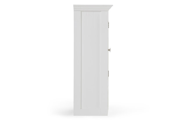 Keep all of your bathroom essentials neat and orderly with the Acadian Double Door Wall Cabinet. Two tempered glass doors help keep clutter out of sight, while an open shelf provides ample room for toiletries and other items. Adjustable shelving inside the cabinet allows you to customize the space to suit your needs. Its Pure White finish will easily coordinate with existing bathroom décor. Efforts are made to reproduce accurate colors, variations in color may occur due to computer monitor and  photography. At Simpli Home we believe in creating excellent, high quality products made from the finest materials at an affordable price.DIMENSIONS: 23.6"W x 10" D x 28" H | Constructed using Rubberwood, Engineered Wood and Tempered Glass | Durable Pure White painted finish sealed with a premium NC lacquer coating | Features two (2) doors with two (2) adjustable interior shelves and one (1) open bottom shelf. Brushed nickel hardware | Grooved detail on side panels, Solid Rubber wood frame | Contemporary styling ,Anti- tip hardware included | Assembly required | We believe in creating excellent, high quality products made from the finest materials at an affordable price. Every one of our products come with a 1-year warranty and easy returns if you are not satisfied.