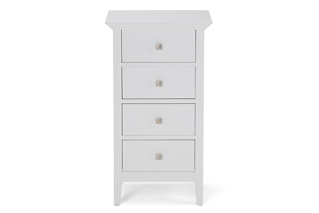 It's almost impossible to find a bathroom that can't use additional storage with all the beauty products and toiletries out there. Featuring a Pure White finish and slim profile, the Acadian 4 Drawer Floor Cabinet will fit easily into a variety of bathroom designs. The unit features four drawers, allowing you plenty of storage for items you want to keep handy but out of sight. Efforts are made to reproduce accurate colors, variations in color may occur due to computer monitor and  photography. At Simpli Home we believe in creating excellent, high quality products made from the finest materials at an affordable price.DIMENSIONS: 18"w x 15.75" d x 32" H | Constructed using Rubberwood and Engineered Wood | Durable Pure White painted finish sealed with a premium NC lacquer coating | Features four (4) drawers with Brushed Nickel hardware finish | Grooved detail on side panels, Solid Rubber wood frame and legs | Contemporary styling ,Anti- tip hardware included | Assembly required | We believe in creating excellent, high quality products made from the finest materials at an affordable price. Every one of our products come with a 1-year warranty and easy returns if you are not satisfied.