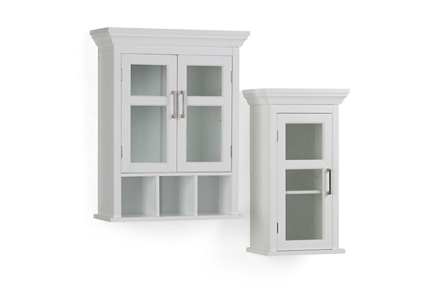 Like to have a little more space in your bathroom? This stylish wall cabinet gives you just that, with two doors opening to an adjustable shelf and three open cubbies. Fill it up with all of the toiletries that you normally have on the counter and your bathroom will look uncluttered and spacious. Efforts are made to reproduce accurate colors, variations in color may occur due to computer monitor and  photography. At Simpli Home we believe in creating excellent, high quality products made from the finest materials at an affordable price.Constructed using high quality MDF, Rubberwood and Tempered Glass; Durable Pure White painted finish sealed with a premium NC lacquer coating | Two (2) doors with one (1) adjustable interior shelf and three (3) open cubbies. Contemporary Brushed Nickel handles | Shaker styled front and side panels with molded top detail, Rubber wood frame; Dimensions: 23.6"w x 10" d x 30" H | Significantly increases bath storage space; Contemporary styling