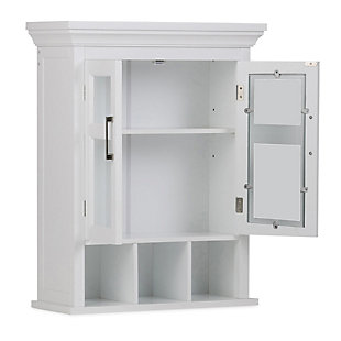 Like to have a little more space in your bathroom? This stylish wall cabinet gives you just that, with two doors opening to an adjustable shelf and three open cubbies. Fill it up with all of the toiletries that you normally have on the counter and your bathroom will look uncluttered and spacious. Efforts are made to reproduce accurate colors, variations in color may occur due to computer monitor and  photography. At Simpli Home we believe in creating excellent, high quality products made from the finest materials at an affordable price.Constructed using high quality MDF, Rubberwood and Tempered Glass; Durable Pure White painted finish sealed with a premium NC lacquer coating | Two (2) doors with one (1) adjustable interior shelf and three (3) open cubbies. Contemporary Brushed Nickel handles | Shaker styled front and side panels with molded top detail, Rubber wood frame; Dimensions: 23.6"w x 10" d x 30" H | Significantly increases bath storage space; Contemporary styling