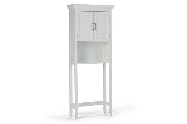 Put that unused space over the toilet to work. This well designed space saver with a two door cabinet and adjustable shelf gives you the extra room you need to store supplies, hand towels and more. Efforts are made to reproduce accurate colors, variations in color may occur due to computer monitor and  photography. At Simpli Home we believe in creating excellent, high quality products made from the finest materials at an affordable price.Constructed using high quality MDF and Rubberwood; Durable Pure White painted finish sealed with a premium NC lacquer coating | One (1) door with two (2) adjustable interior shelves and one (1) open shelf. Contemporary Brushed Nickel handles | Shaker styled front and side panels with molded top detail, Rubber wood frame and legs; Dimensions: 26.97"w x 10" d x 67" H | Storage solution in tight spaces; Contemporary styling