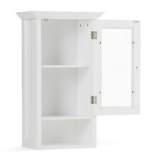 Save space and add storage to the room with the Acadian Single Door Wall Cabinet. This cabinet fits perfectly in a small space to add additional storage, and it features two shelves for plenty of storage to keep your room free of clutter. Great in a small bathroom or powder room. Efforts are made to reproduce accurate colors, variations in color may occur due to computer monitor and  photography. At Simpli Home we believe in creating excellent, high quality products made from the finest materials at an affordable price.DIMENSIONS: 15.75"w x 10.04" d x 27.96" H | Constructed using Rubberwood, Engineered Wood and Tempered Glass | Durable Pure White painted finish sealed with a premium NC lacquer coating | Features single (1) Door with one (1) adjustable interior shelf and one (1) open bottom shelf. Brushed nickel hardware | Grooved detail on side panels, Solid Rubber wood frame | Contemporary styling, Mounting hardware included | Assembly required | We believe in creating excellent, high quality products made from the finest materials at an affordable price. Every one of our products come with a 1-year warranty and easy returns if you are not satisfied.