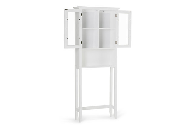 Utilize every square inch of floor space in your bathroom with the Acadian Space Saver Cabinet Designed to fit around and above your toilet, this handy space-saving with two doors and adjustable shelf gives you the extra room you need to store supplies, hand towels and much more. Efforts are made to reproduce accurate colors, variations in color may occur due to computer monitor and  photography. At Simpli Home we believe in creating excellent, high quality products made from the finest materials at an affordable price.DIMENSIONS: 27.56"w x 9.81" d x 68.43" H | Constructed using Rubberwood, Engineered Wood and Tempered Glass | Durable Pure White painted finish sealed with a premium NC lacquer coating | Features two (2) doors with two (2) adjustable interior shelves and one (1) open bottom shelf. Brushed nickel hardware | Grooved detail on side panels, Solid Rubber wood frame and legs | Contemporary styling, Mounting anti tip hardware included | Assembly required | We believe in creating excellent, high quality products made from the finest materials at an affordable price. Every one of our products come with a 1-year warranty and easy returns if you are not satisfied.