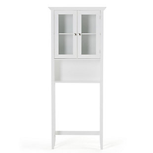 Utilize every square inch of floor space in your bathroom with the Acadian Space Saver Cabinet Designed to fit around and above your toilet, this handy space-saving with two doors and adjustable shelf gives you the extra room you need to store supplies, hand towels and much more. Efforts are made to reproduce accurate colors, variations in color may occur due to computer monitor and  photography. At Simpli Home we believe in creating excellent, high quality products made from the finest materials at an affordable price.DIMENSIONS: 27.56"w x 9.81" d x 68.43" H | Constructed using Rubberwood, Engineered Wood and Tempered Glass | Durable Pure White painted finish sealed with a premium NC lacquer coating | Features two (2) doors with two (2) adjustable interior shelves and one (1) open bottom shelf. Brushed nickel hardware | Grooved detail on side panels, Solid Rubber wood frame and legs | Contemporary styling, Mounting anti tip hardware included | Assembly required | We believe in creating excellent, high quality products made from the finest materials at an affordable price. Every one of our products come with a 1-year warranty and easy returns if you are not satisfied.