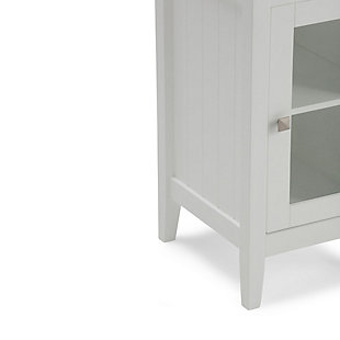 Organize the clutter and take back your bathroom space with the Acadian Bath Storage Floor Cabinet. With classic details and a crisp Pure White finish, this storage cabinet will easily coordinate with existing decor and add a fresh look to your space. Featuring both open and enclosed storage space with tempered glass and brushed nickel hardware, it's an attractive way to keep extra towels and toiletries on hand. Efforts are made to reproduce accurate colors, variations in color may occur due to computer monitor and  photography. At Simpli Home we believe in creating excellent, high quality products made from the finest materials at an affordable price.DIMENSIONS: 15"W x 14" D x 30" H | Constructed using Rubberwood, Engineered Wood and Tempered Glass | Durable Pure White painted finish sealed with a premium NC lacquer coating | Features one (1) door with one (1) adjustable interior shelf. Brushed nickel hardware | Grooved detail on side panels, Solid Rubber wood frame and legs | Contemporary styling ,Anti- tip hardware included | Assembly required | We believe in creating excellent, high quality products made from the finest materials at an affordable price. Every one of our products come with a 1-year warranty and easy returns if you are not satisfied.