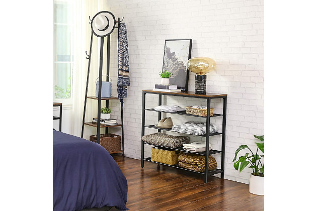 No muss, no fuss. With numbered parts and easy-to-follow instructions, the assembly of this stylish 5-tier shoe rack is easy-peasy. Now you can put your best foot forward.Made of engineered wood and steel | 4 open shelves | Top surface holds up to 22 lbs.; shoe shelves hold up to 11 lbs. each | Matte black frame; rustic brown top surface | Ships flat; easy-to-follow assembly instructions included | Replacement parts available | Ships directly from third party vendor. See Warranty Information page for terms & conditions.