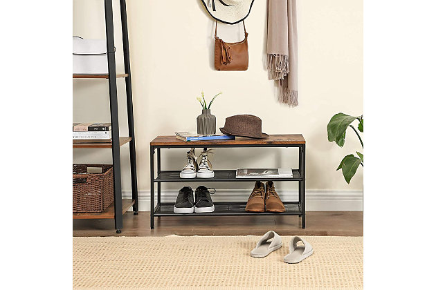 With its stylish rustic brown surface, this 3-tier shoe bench provides a welcoming atmosphere in your entryway. It's ready to support you and your guests as you lace up your shoes.Made of engineered wood and steel | 2 open shelves with dense steel mesh | Bench holds up to 198 lbs. | Includes anti-tip device | Ships flat; easy-to-follow assembly instructions included | Replacement parts available | Ships directly from third party vendor. See Warranty Information page for terms & conditions.