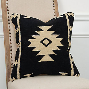 This pillow uses vintage southwestern motif patterning in a flat woven rug construction to bring that vintage handcrafted appeal. A solid coordinating back features a zippered closure for ease of fill and cleaning.100% wool | Decorative pillow with removable cover for easy cleaning | Dry cleaning recommended for removable cover | Unique accent piece | Durable for lifestyle use | Black | Polyfill | Imported