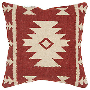This pillow uses vintage southwestern motif patterning in a flat woven rug construction to bring that vintage handcrafted appeal. A solid coordinating back features a zippered closure for ease of fill and cleaning.100% wool | Decorative pillow with removable cover for easy cleaning | Dry cleaning recommended for removable cover | Unique accent piece | Durable for lifestyle use | Red | Polyfill | Imported