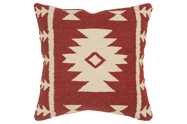 This pillow uses vintage southwestern motif patterning in a flat woven rug construction to bring that vintage handcrafted appeal. A solid coordinating back features a zippered closure for ease of fill and cleaning.100% wool | Decorative pillow with removable cover for easy cleaning | Dry cleaning recommended for removable cover | Unique accent piece | Durable for lifestyle use | Red | Polyfill | Imported