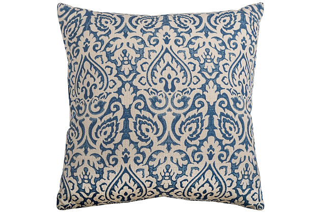 This distressed damask print pillow lends a stylishly relaxed traditional flair to any decor. Paired with a solid or ticking stripe, this damask can bring urban farmhouse or cottage character to your most comfortable nestling places. 100% cotton  | Distressed print pattern  | Coordinating solid back  | An easy style update for your space | Mix and match for a winning combination | Blue | Polyfill | Imported