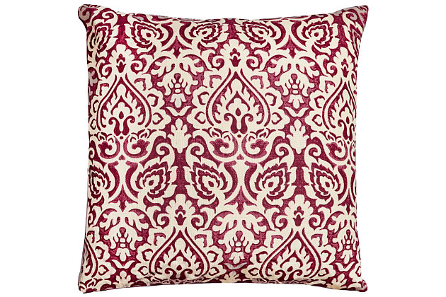 This distressed damask print pillow lends a stylishly relaxed traditional flair to any decor. Paired with a solid or ticking stripe, this damask can bring urban farmhouse or cottage character to your most comfortable nestling places. 100% cotton  | Distressed print pattern  | Coordinating solid back  | An easy style update for your space | Mix and match for a winning combination | Pink | Polyfill | Imported